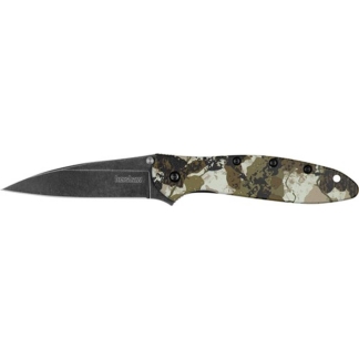 Open folding knife with a dark blade and camouflage-pattern handle.