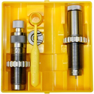 Yellow plastic toolbox-style case containing a handheld hydraulic crimping/riveting tool with metal mandrels and a yellow lever, arranged for use.