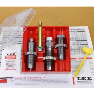 Reloading die set in a red plastic case with brass seating die, steel dies, a yellow mallet, and printed Lee paperwork beneath.