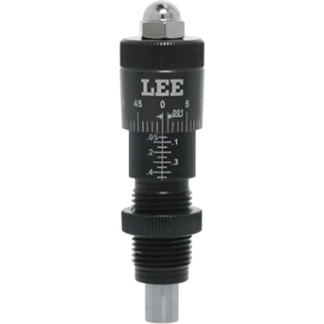 Lee micrometer-style depth gauge with knurled black body and adjustable spindle for precise measurements