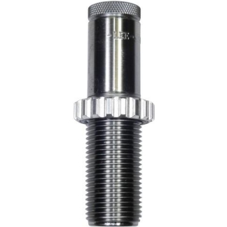 Metal tire valve stem with knurled adjustment ring and threaded shaft against a white background.