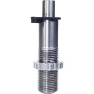 Metal threaded valve stem with knurled ring and a black locking tab, used for flow control or pressure adjustment.