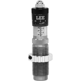 Micrometer-style precision gauge with a black dial labeled LEE on top, mounted on a threaded metal shaft.