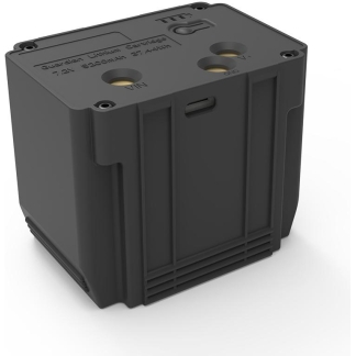 Black compact electronic module with two round ports labeled VIN and GND on top and a USB-C port in the middle, vented bottom.