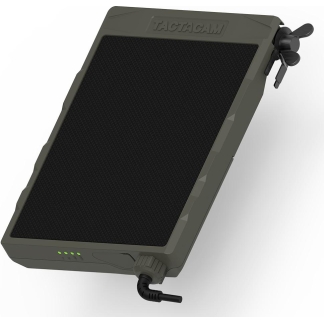 Rugged outdoor solar charger/power bank with a textured black panel and four green LED indicators.