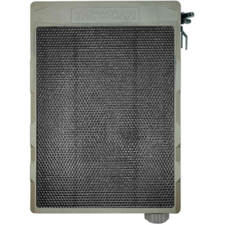 Rugged camouflage portable speaker with metal mesh grille and bottom control knob labeled TACTAGAM in the upper area.