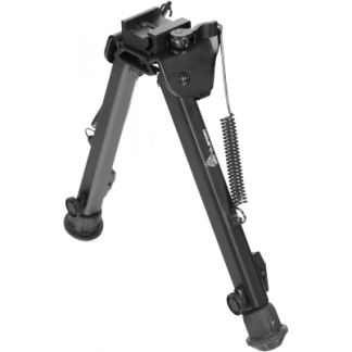 Foldable camera tripod leg with adjustable steel legs, a spring-loaded mechanism, and rubber feet for stability.