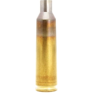 Single brass rifle cartridge standing upright on a white background.