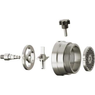 Exploded view of a stainless steel inline filter/strainer assembly with housing, perforated end cap, screen disk, and mounting components.
