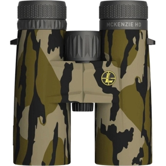 Camouflage binoculars with a tan/green camo pattern and a central hinge, branded 'McKenzie HD' on the right eyepiece.