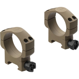 Two tan LEGO ring clamps with black knobs, shown from different angles, likely used to mount a bar or optic on a model
