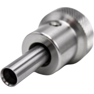 Metal cylindrical adapter with a hollow tip and knurled end, viewed in close-up. For an image in a mechanical/engineering context: a metallic shaft connector.