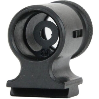 Compact rifle optic mount with a circular ring and rectangular base, used to attach a sight to a rifle