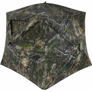Camouflage hunting ground blind with zippered window openings and multiple panels