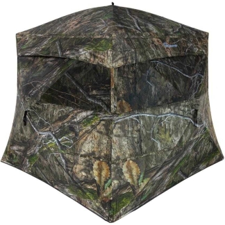 Camouflage hunting ground blind with mesh windows and zip closures.