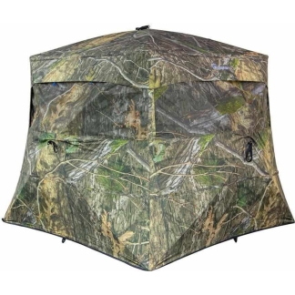 Camouflage hunting blind tent with zippered windows in woodland pattern