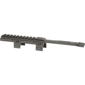 Gray Picatinny rail system for mounting firearm accessories (sights, scopes, grips) on a rifle or airsoft gun with two clamp mounts and an extended fore-end