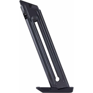 Black handgun magazine standing diagonally on a small base plate, oriented to the left.