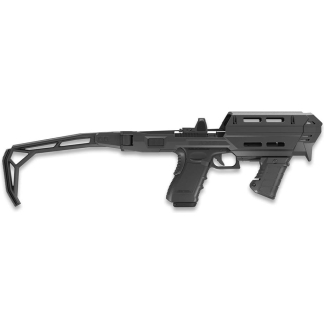 Futuristic black rifle with extended stock, scope rail, and tactical grip on a white background