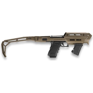 Futuristic tan rifle prop with black grip and rail details