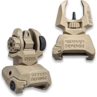 Tan defensive rifle sights set (front and rear flip-up iron sights) for an AR-style rifle, with adjustment knob and rugged housing.
