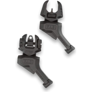 Pair of black offset rifle sights with adjustment screws and clamps, labeled F.A.B and OFFSET