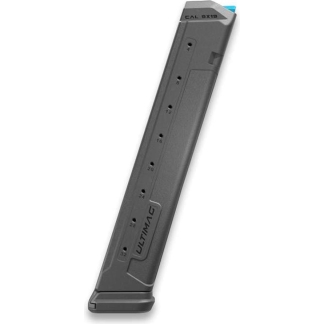 Gray 9mm pistol magazine (Cal 9x19), angled view