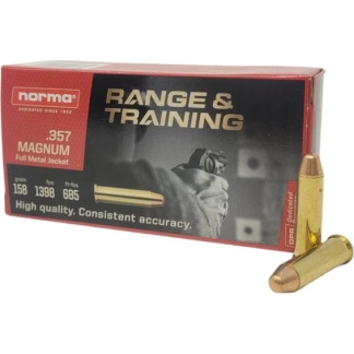 Box of Norma Range & Training .357 Magnum full metal jacket ammunition with two brass cartridges beside it.