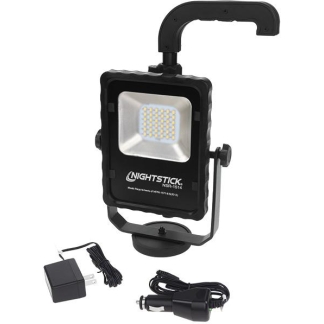 Portable Nightstick LED work light with adjustable bracket and handle, shown with wall charger and car adapter accessories.