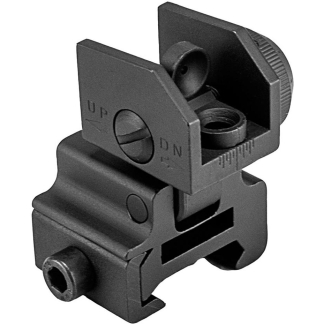 Foldable rear iron sight with elevation adjustment on a rail mount, labeled UP and DN for orientation.