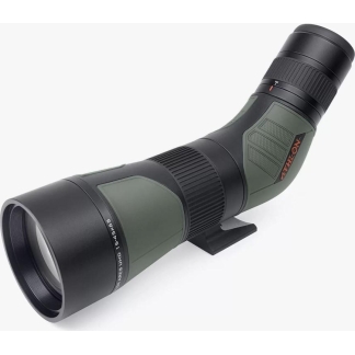 Long green and black telephoto camera lens with a built-in tripod foot on a white background (product image).