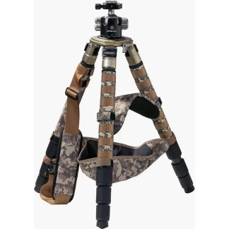 Camouflage-patterned camera tripod with adjustable legs and a ball-head mount on top, ready for photography.