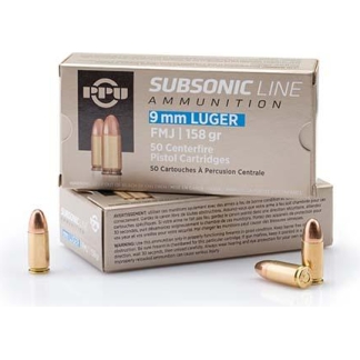 PPU Subsonic Handgun Ammunition 9mm Luger FMJ 158 gr 950 fps 50/ct