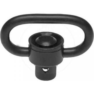 Black metal strap swivel with a circular loop and a screw-in mounting peg, used to attach a strap or lanyard.