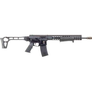 Long black semi-automatic rifle in side profile with collapsible stock, pistol grip, rail system, and magazine