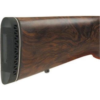 Close-up of a wooden rifle/shotgun stock with a black rubber recoil pad at the end.