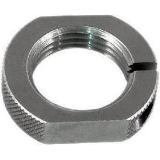 Square metal nut with internal threads and a small external slot on the side.
