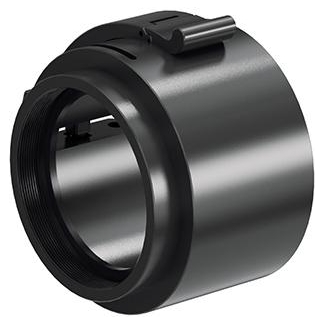 Metal cylindrical camera lens mount adapter with a black locking tab on top and inner threads