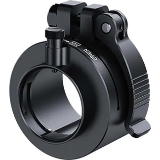 Black circular camera lens adapter with a knurled locking screw and quick-release clamp, used to mount a lens or filter to a camera