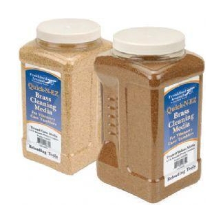 Two jars labeled Brass Cleaning Media sit side by side, used for ultrasonic cleaning and polishing of metal parts.