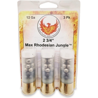 Package of three 12-gauge shotgun shells labeled Max Rhodesian Jungle (2 3/4”).