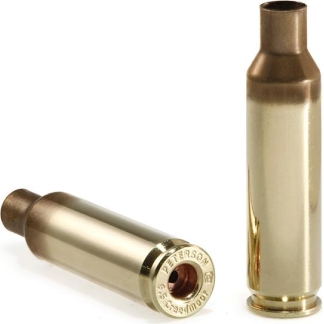Two brass shell casings on a white background, one upright and one resting on its side.
