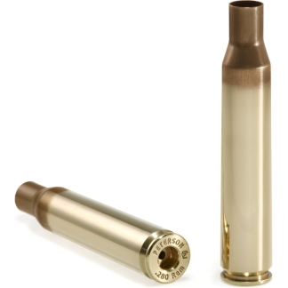 Two brass spent cartridge casings on a white background, one standing upright and the other lying on its side.