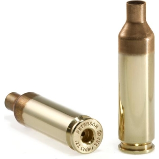 Two brass rifle cartridges on a white background, one standing upright and the other laid on its side with copper-colored rims visible.