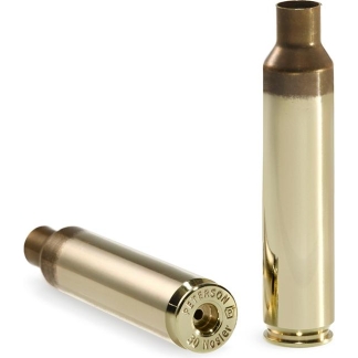 Two brass rifle cartridge casings on a white background, one standing upright and the other lying on its side.