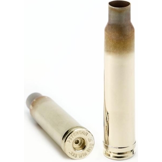 Two spent brass shell casings on a white background, one standing upright and the other laying on its side.