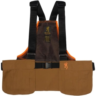 Brown utility dog harness with large front pockets and black adjustable straps and buckle
