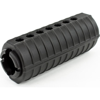 Black polymer cylindrical rifle handguard segment with a ribbed surface and circular end cap, featuring vent holes along the top