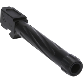 Black rifle muzzle device with a rectangular mounting block and a threaded barrel, designed to attach to the end of a firearm barrel.