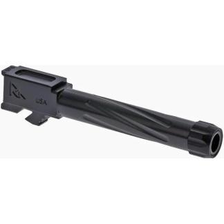 Black rifle barrel with threaded muzzle on the right and a rectangular mounting block on the left, showing a handguard/attachment area